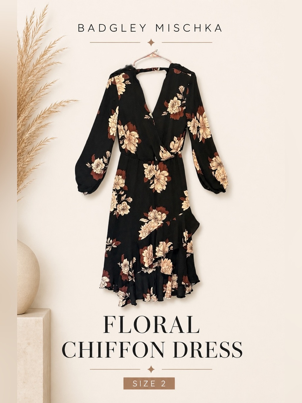 Badgley Mischka Floral Chiffon Dress 2 Romantic Bell Sleeve Wedding Guest